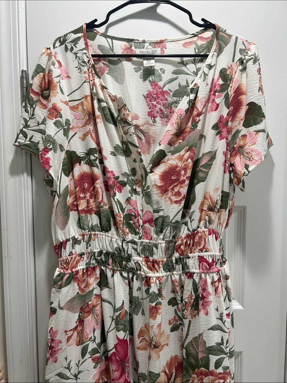 Rachel Zoe Cream Floral Midi Dress with Pink & Green Blossoms